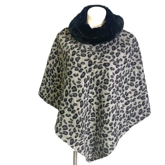 Black gray leopard fleece poncho one size - Picture 1 of 6